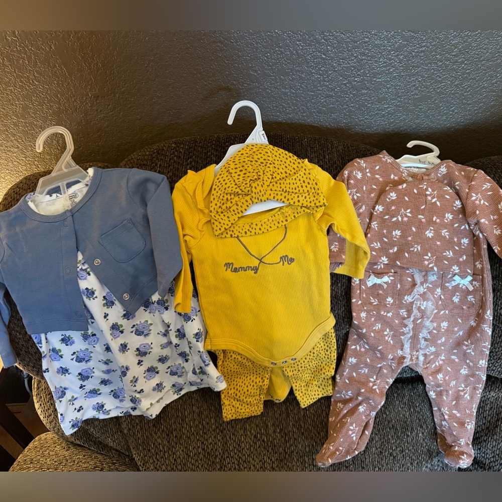 Nicole Miller Brown Floral One piece, mustard yellow set & baby blue dress